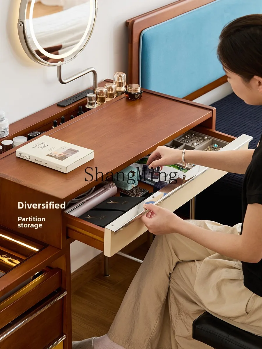خزانة صدر من الخشب الصلب HJ، خزانة تخزين متكاملة لشقة صغيرة وغرفة نوم رئيسية وطاولة بجانب السرير العتيقة ومرآة طاولة مكياج #3