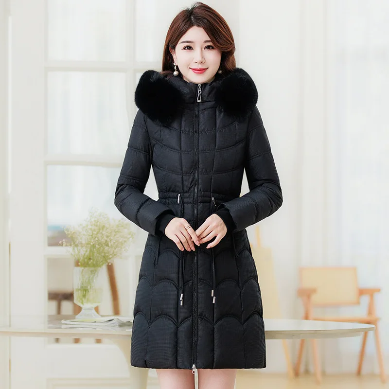 Parkas Women Hooded Fur Collar Coats Zipper Drawstring Tight High Waist Thick Splice Jackets Mid Length Outerwear Slim Fit