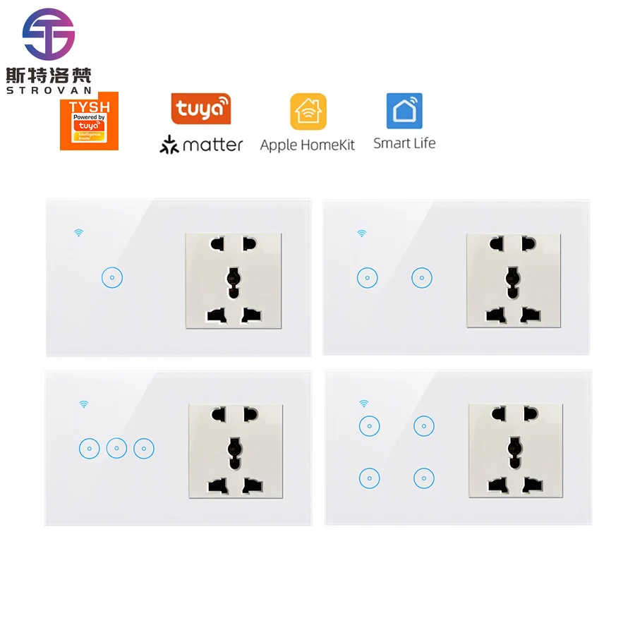 

STLF Ai Matter Tuya WiFi Smart Wall Socket Glass Material Voice Remote Control Safe Protection Multi-Outlet Light Switch Socket