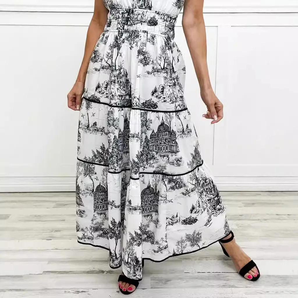 

2025 New Women's Clothing Printing Temperament Elegant Elastic Waist Long Dress European and American