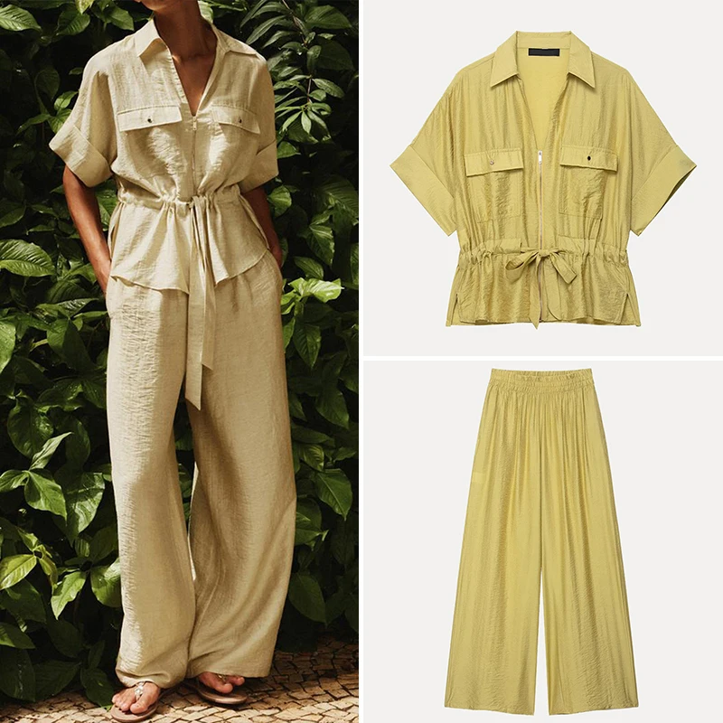 Conjunto de Moda Fena Z 2025 Verão: Csa  de Manga Curta com Gola e Botões e Calça Plona em Fibra de Polié...