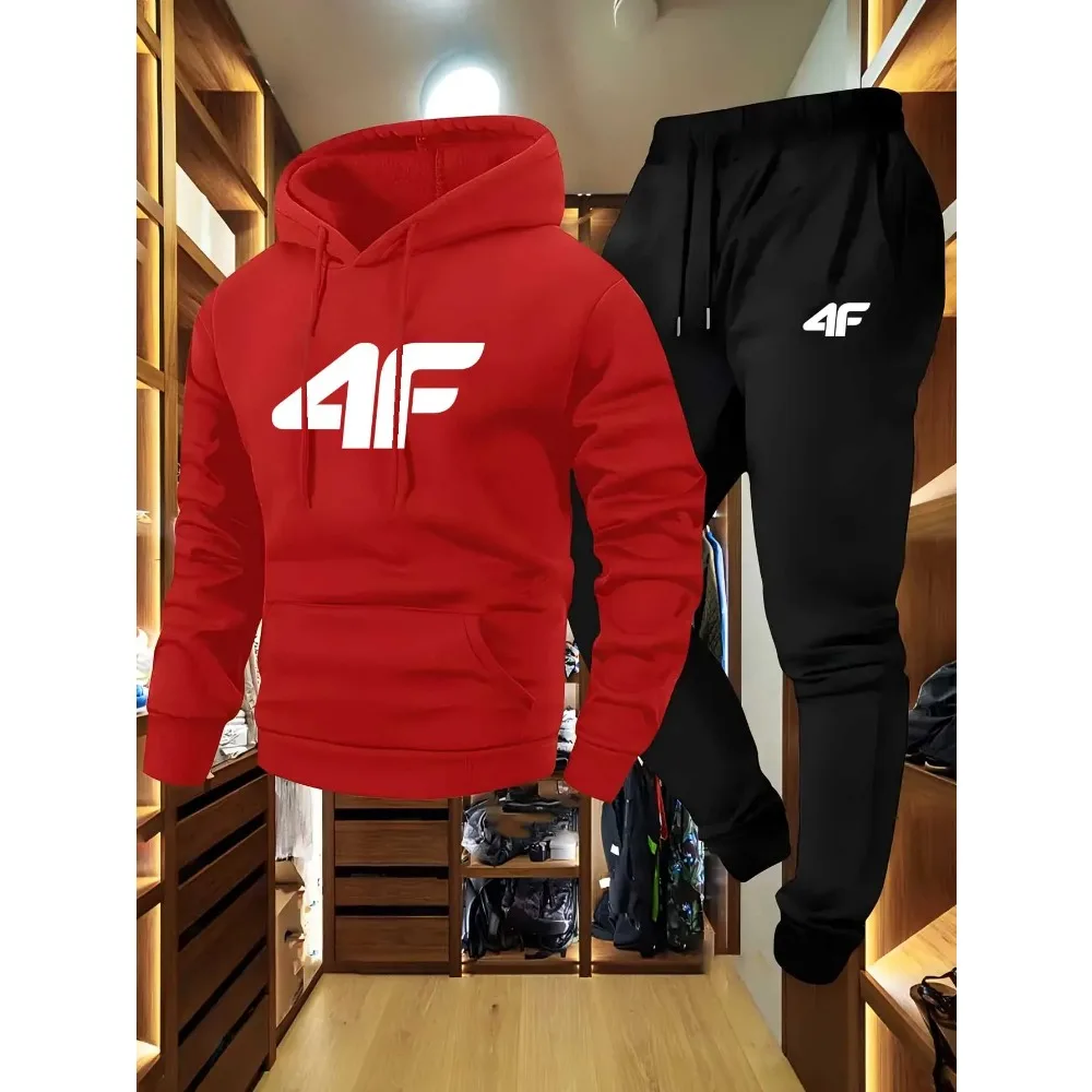 Men's Raglan sleeve hoodie, 4F printed two piece set, casual, versatile, trendy