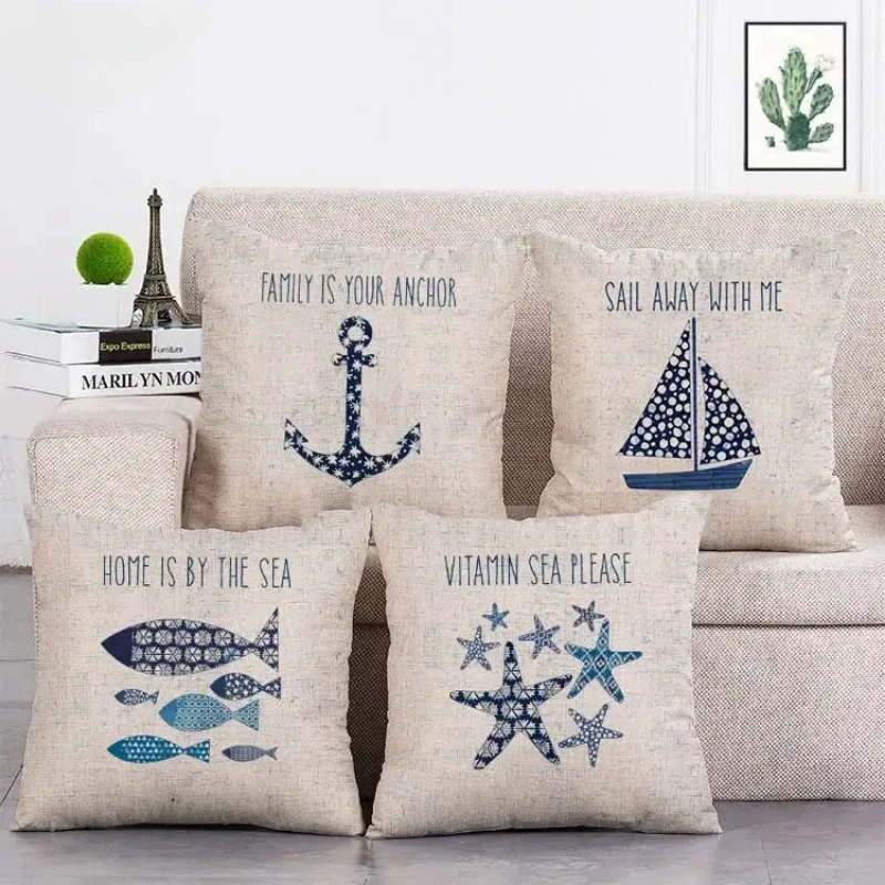 Navigation Nautical Throw Pillow Cover Beach Anchor Cushion Cover Fish  Linen Decoration Life buoy Pillowcase 45x45cm