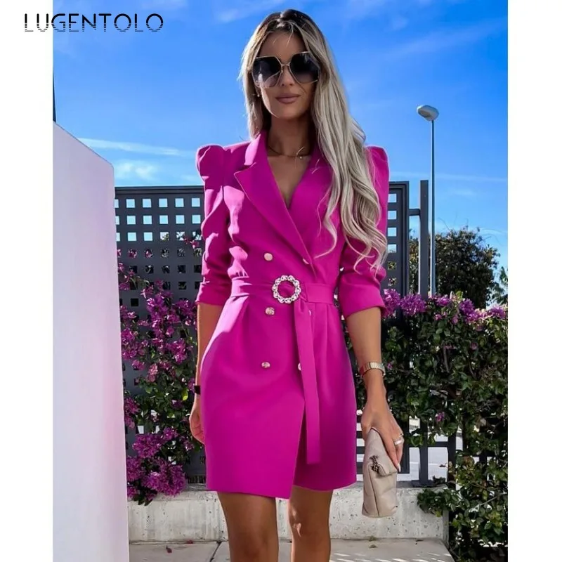 

Women Mini Dress Elegant Solid Color Double-breasted Blazers Puff Sleeves Chic Sashes Slim Fit Fashion Street Commuter Clothing