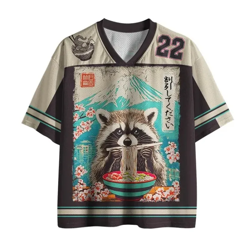 Raccoon Wordy Lamian Noodles V-neck Jersey Fuji Hongri Digital Printed Street Casual Sports T-shirt