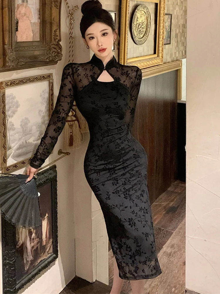 فستان أسود مثير وشفاف مرقع لعام 2025 فستان نسائي أنيق بأكمام طويلة للخريف والشتاء فساتين هيبورن كورية عتيقة #2