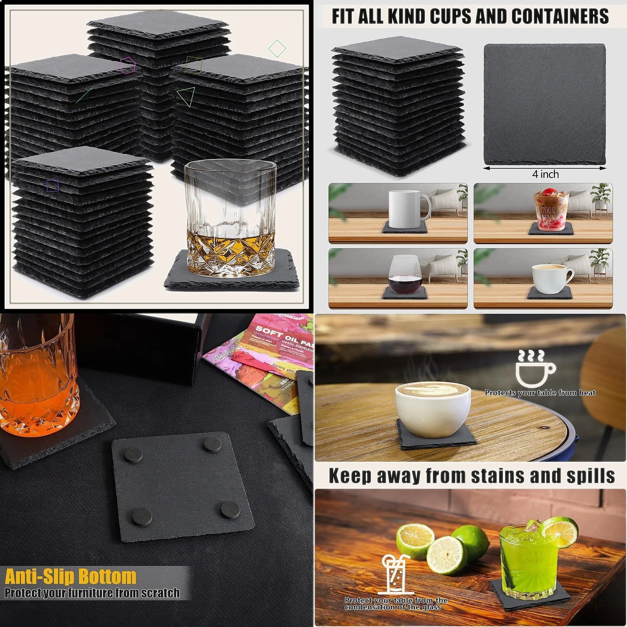 60 Pack Black Slate Drink Coasters 4 Inch Square Stone Coasters with Anti-Scratch Bottom for Home Kitchen