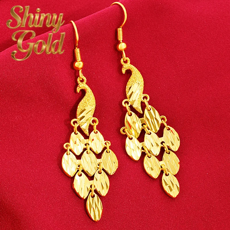 

ShinyGold Women's 24K Gold AU999 Korean-Style Long Peacock Tail Tassel Earrings | Geometric Design, Professional Yet Stylish Fo