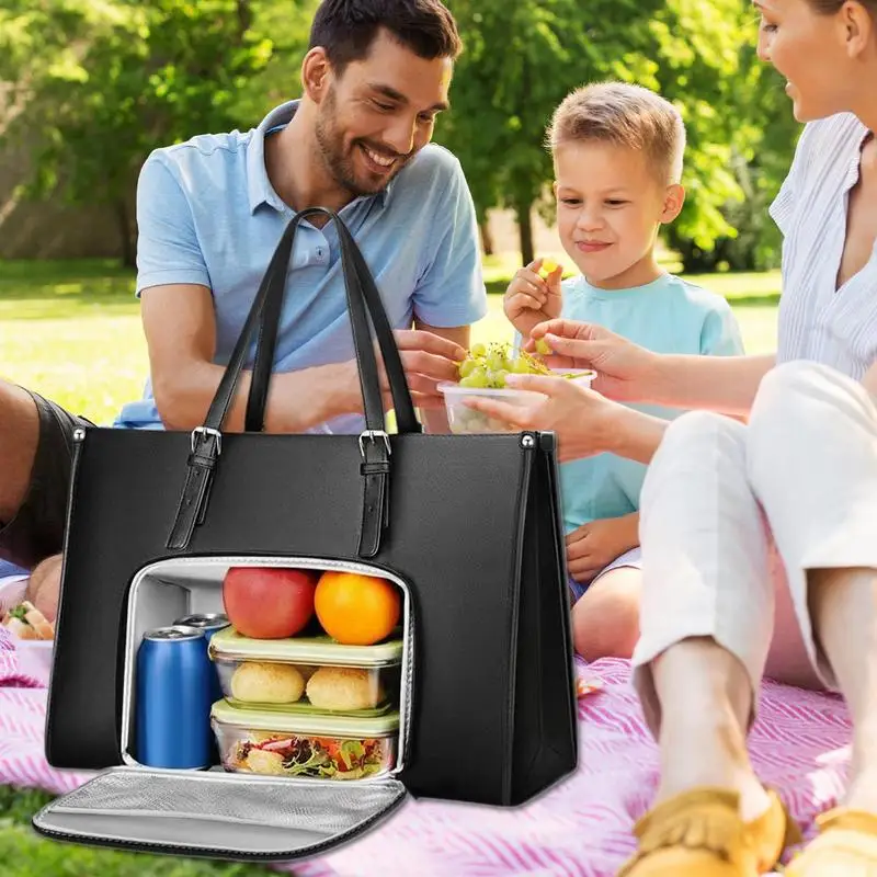 

2 In 1 Tote Bag Lunch Bag 15.6in Laptop Bag With Lunch Compartment PU Leather Computer Holder Fruits Drinks Snacks Container