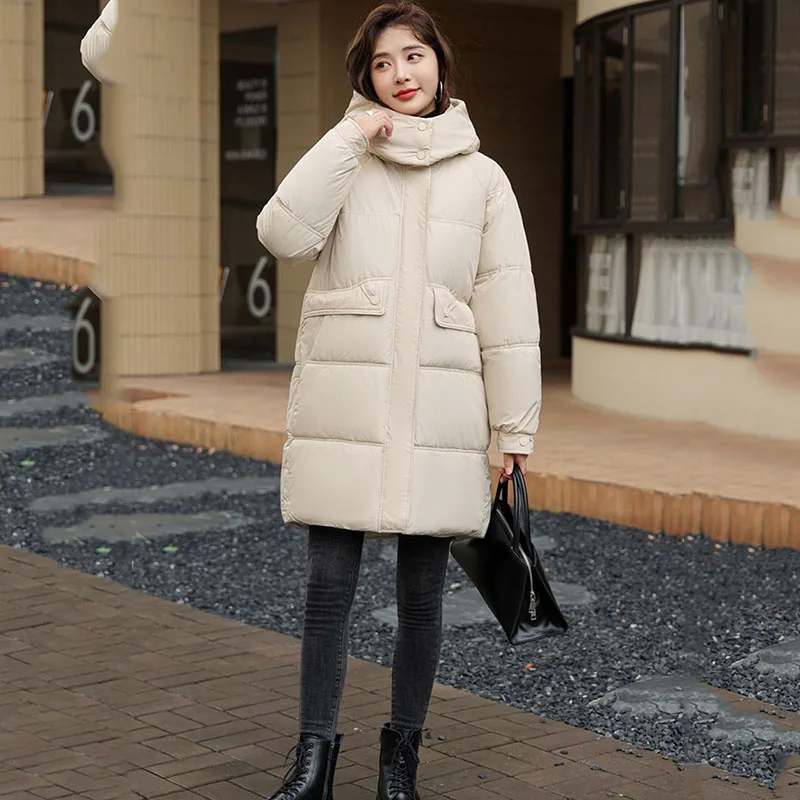 New Winter Women Medium Long Jacket Parkas Female Down Cotton Jackets Solid Hooded Casual Warm Parka Female Outwear Overcoat