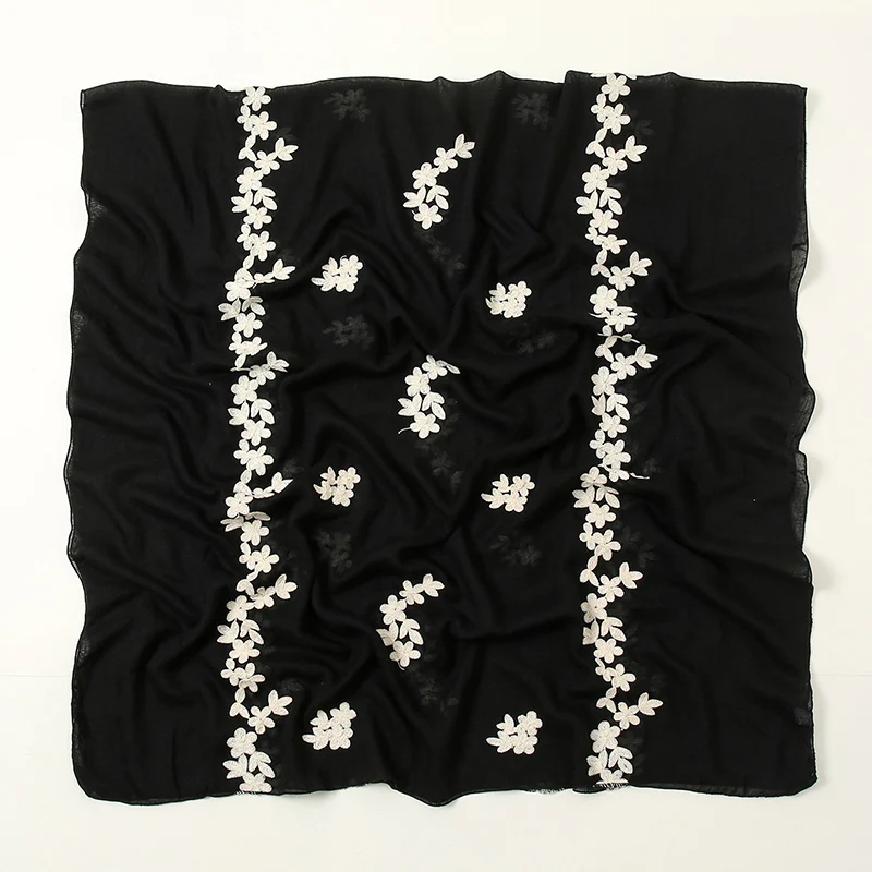 Elegant Embroidery Floral Scarf Shawls Muslim Woman Hijab Lady Viscose Shawl Soft Solid Color Long Wraps Casual Stole Headband