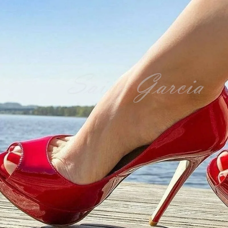 

Red Platform Super High Heel Sandals Women Stilettos Heels Slip On Peep Toe Pumps Luxury Designer Sexy Party Dress Shoes