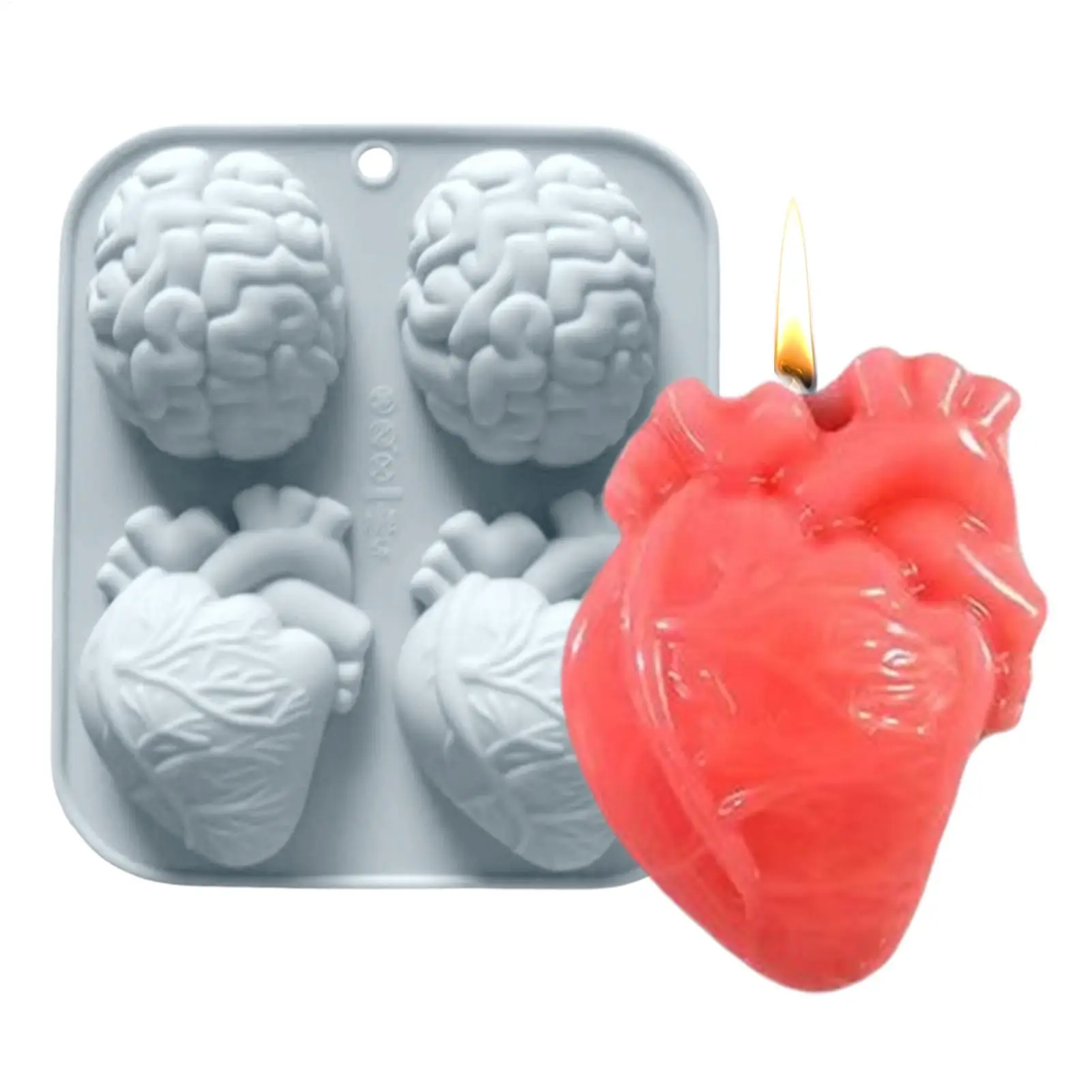 Human Heart Silicone Mold 4-Cavity Handmade 3D Brain Molds For Epoxy Resin Halloween Party Supplies Non Stick Craft-Making