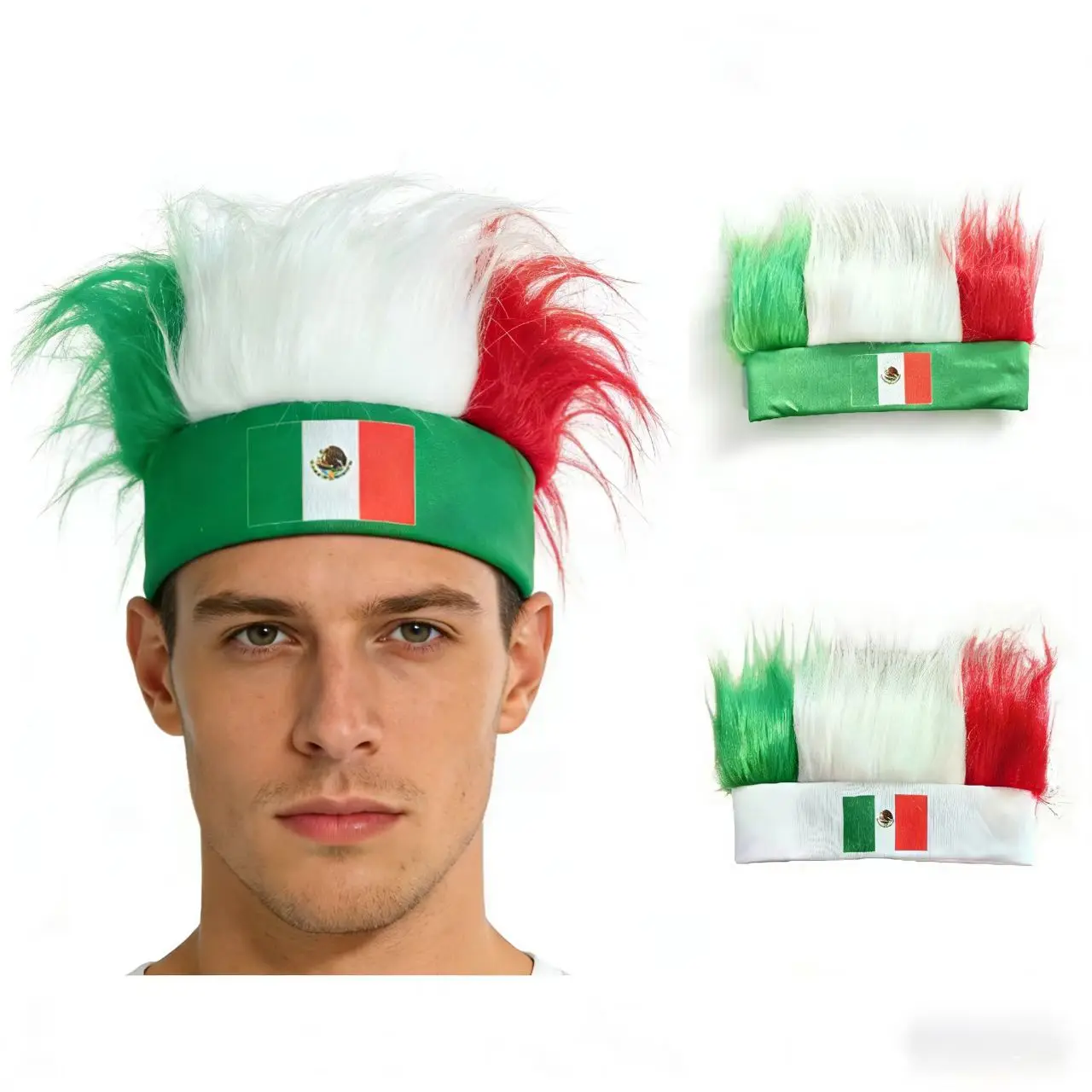 

2pcs Mexico Flag Fluffy Wig Headband Furry Headwear for Fans Football Match Carnival Party Costume Accessory Sports Headband Wig