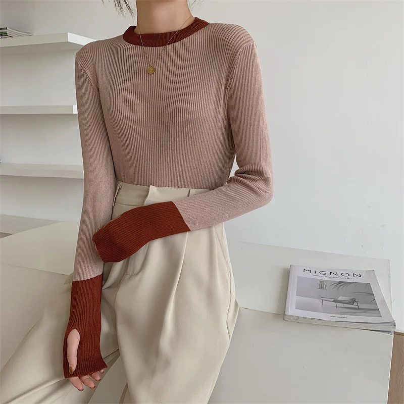 Seoulish Spring Half Turtleneck Colorblock Knitted Women\'s Sweater 2024 New Long Sleeve Bottoming Solid Sweater Female Slim Tops