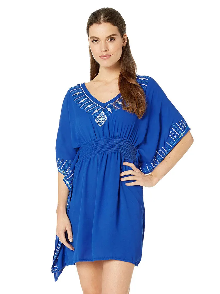 Quick-drying Bohemian Embroidered Sexy V Neck Dress For Women 2023 Cotton Tunic Beach Wear Mini Dresses  Q924