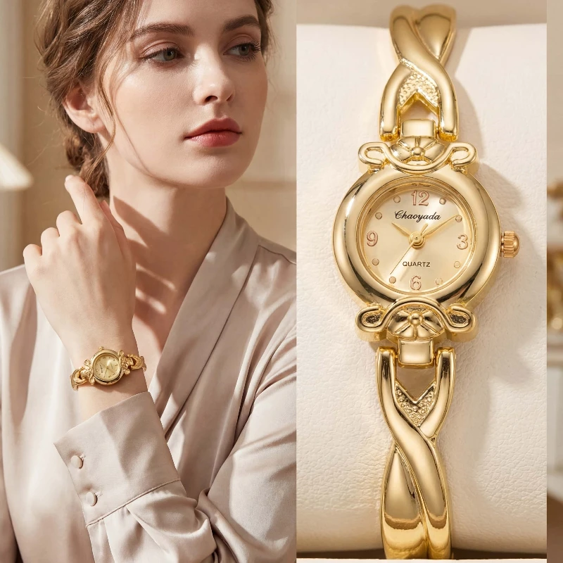Relojes de oro finos a la moda para mujer, exquisitos relojes de pulsera de cuarzo de lujo para mujer, reloj femenino Vintage, regalo, montre femme