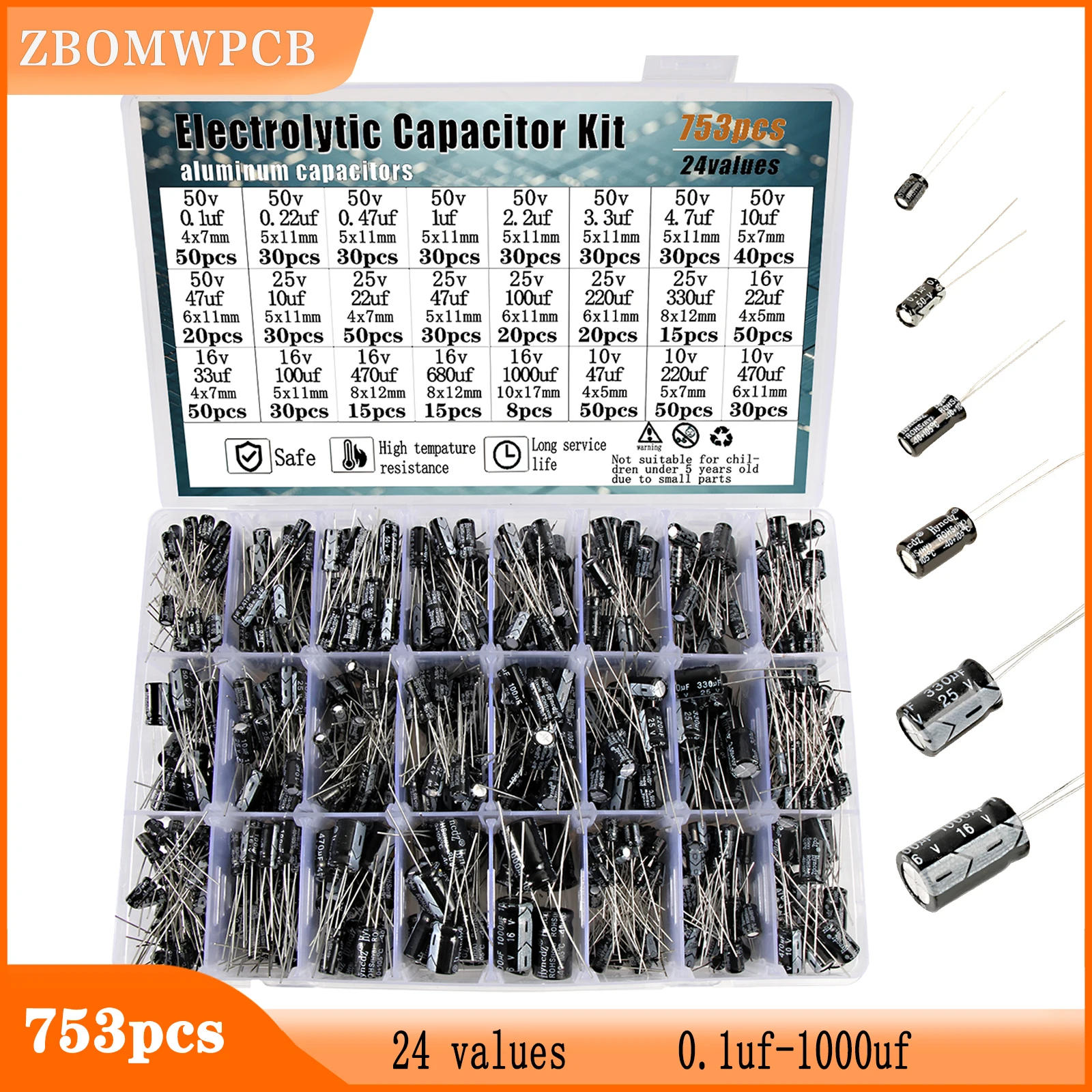 753pcs Aluminum Electrolytic Capacitor Assortment Kit 24values 10v 16v 25v 50v 0.1uf 2.2uf 33uf 47uf 220uf 470uf 680uf 1000uf