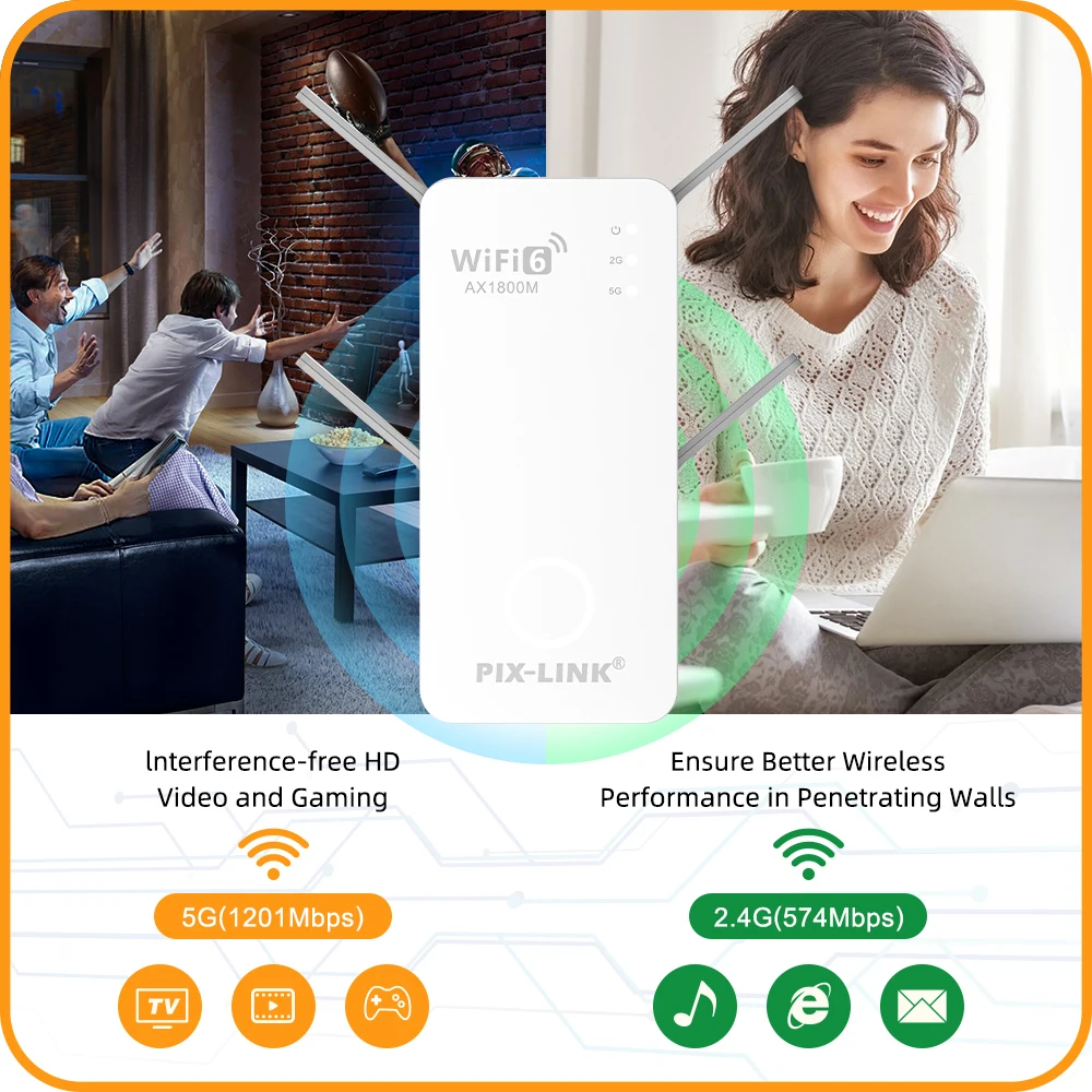 High-Speed Wifi6 Dual Band Extender PIX-LINK1800Mbps Wireless Repeater With Gigabit Port Wps For Home Network Coverage AX06