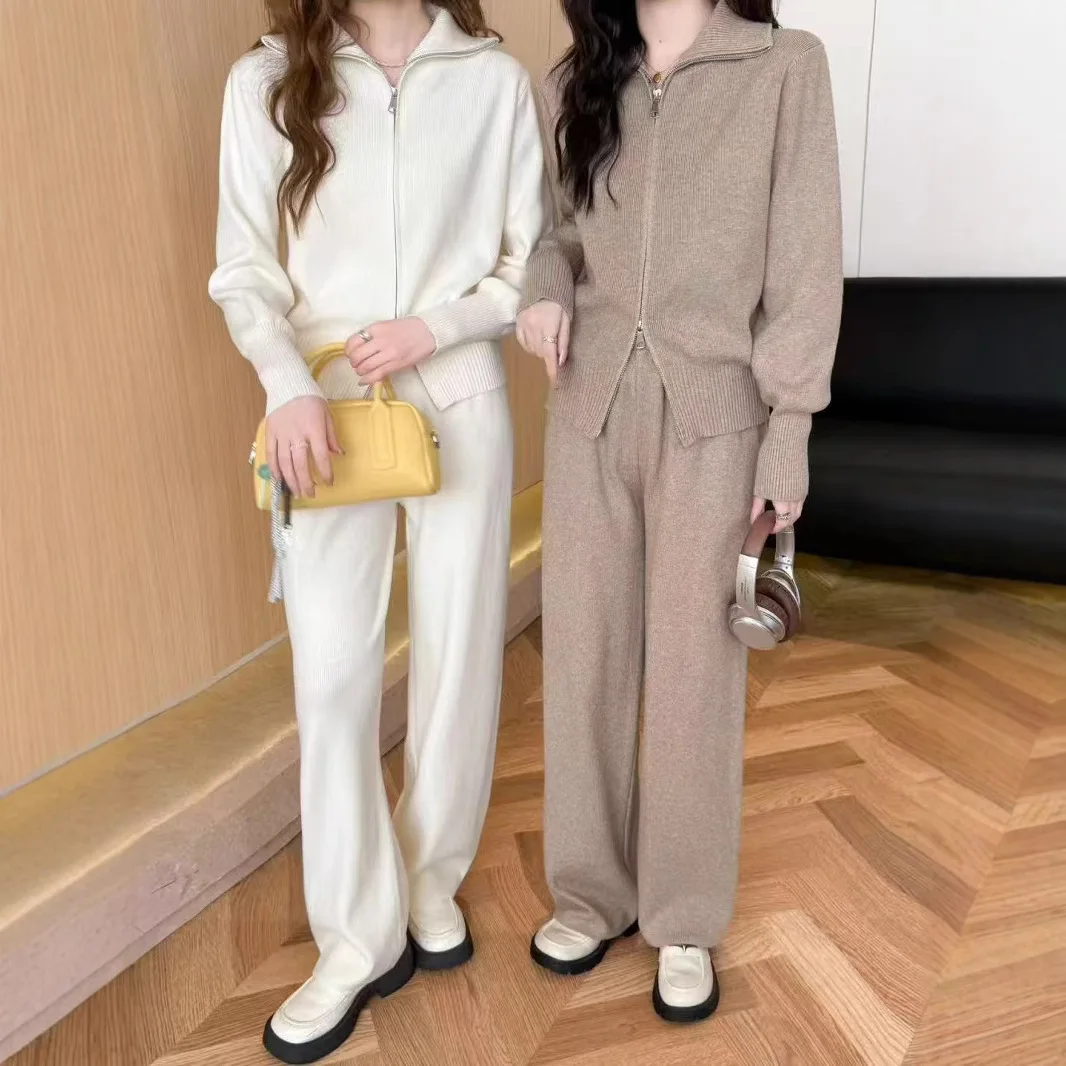 

Autumn Winter Clothing Lazy Wind Knitted Suit Women's New Thickened Turtleneck Zipper Sweater Women's Wide-leg Pants Set