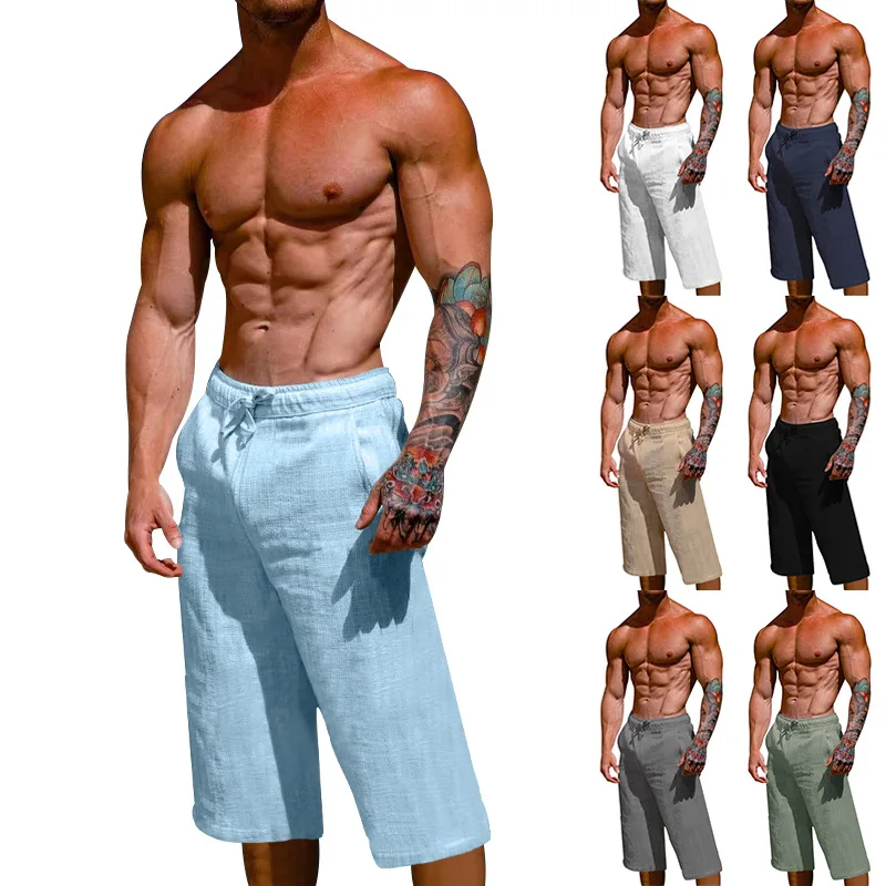 

Amazon AliExpress Summer Loose Solid Color Breathable Cropped Pants Men's Sports and Casual Shorts