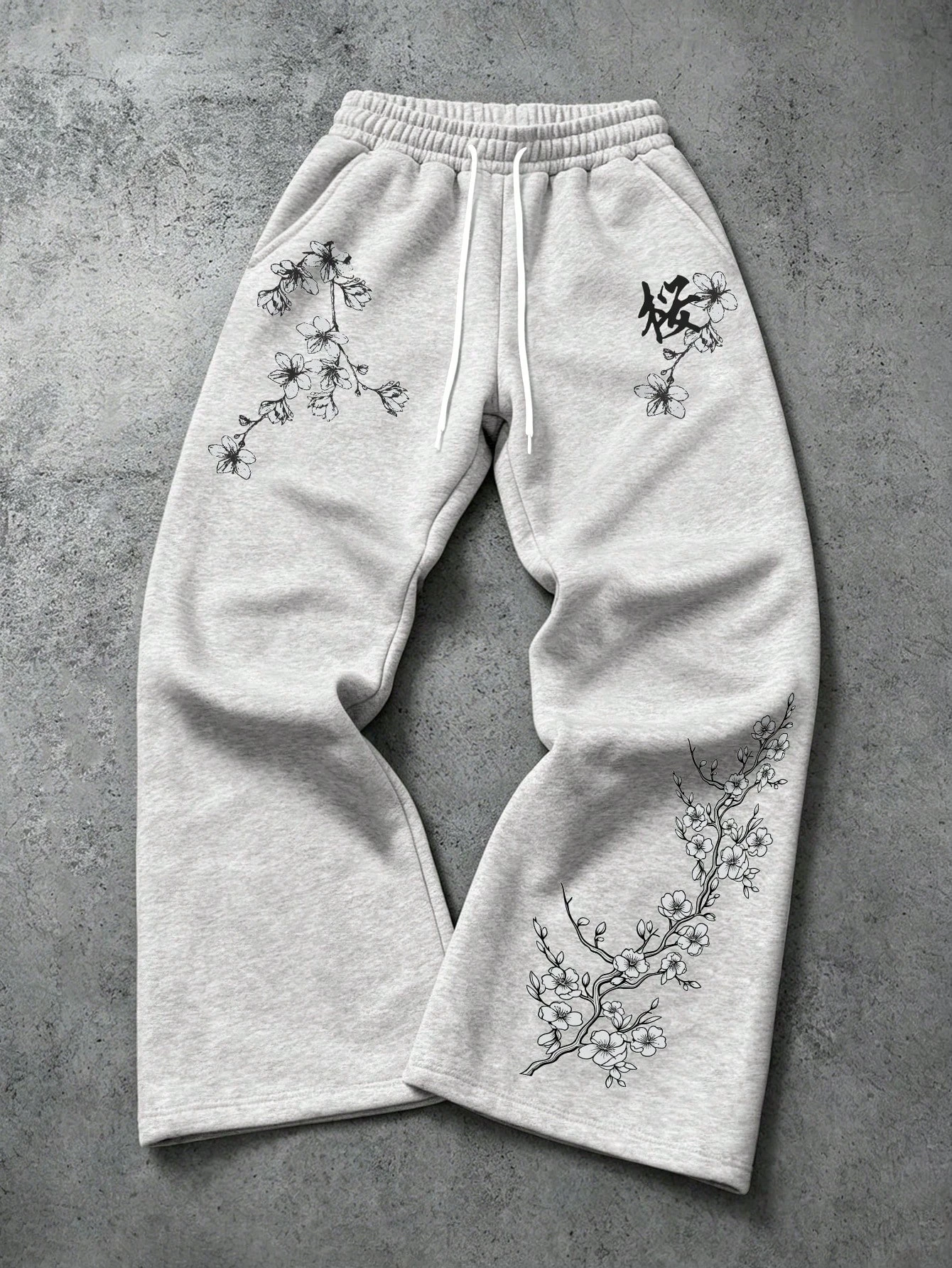 Men's Light Gray Flared Sport Pants, Retro Y2K Gothic Style with Cherry Blossom Branch and Chinese Character Prints