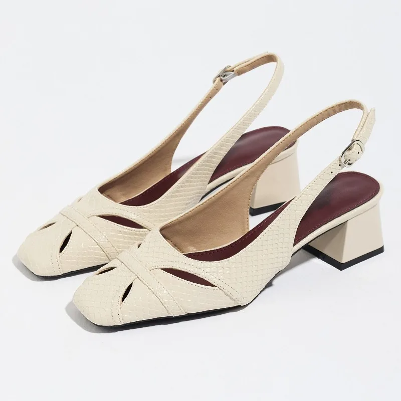 Fashion Designer Chunky Heel Women's Sandals Square Toe Mules Shoes Buckle Details Office Shoes Hollow Elegant Heels for Women