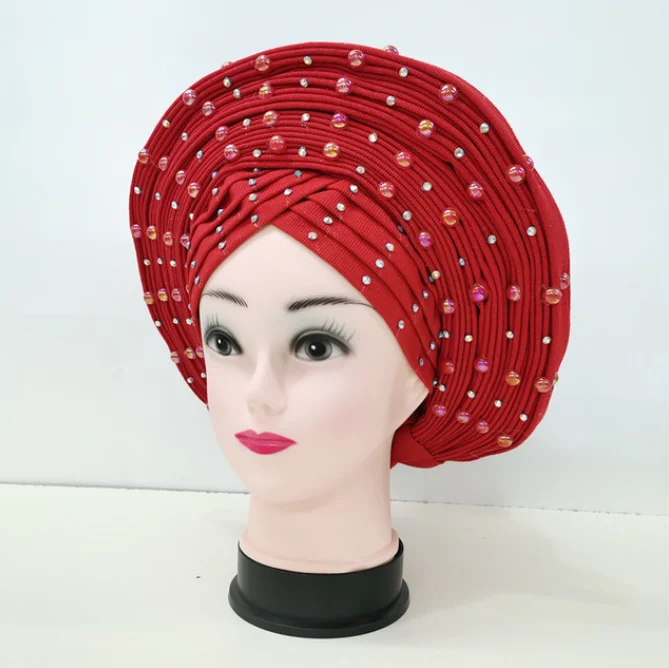 auto gele already made headtie bonnet nigerian aso oke with beads&stones turban femme head wrap african headtie for party