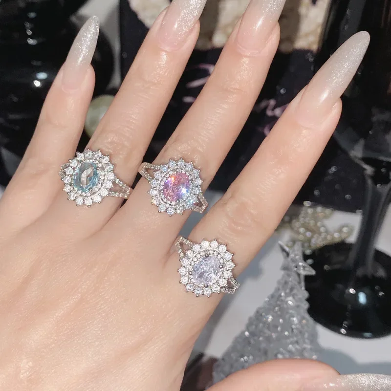 Кольцо ЖенскоеMoissan Diamonds Style Aquamarine Sunflower Ring Light Luxury Premium Luxury Imitation Topaz Colored Jewelryкольца