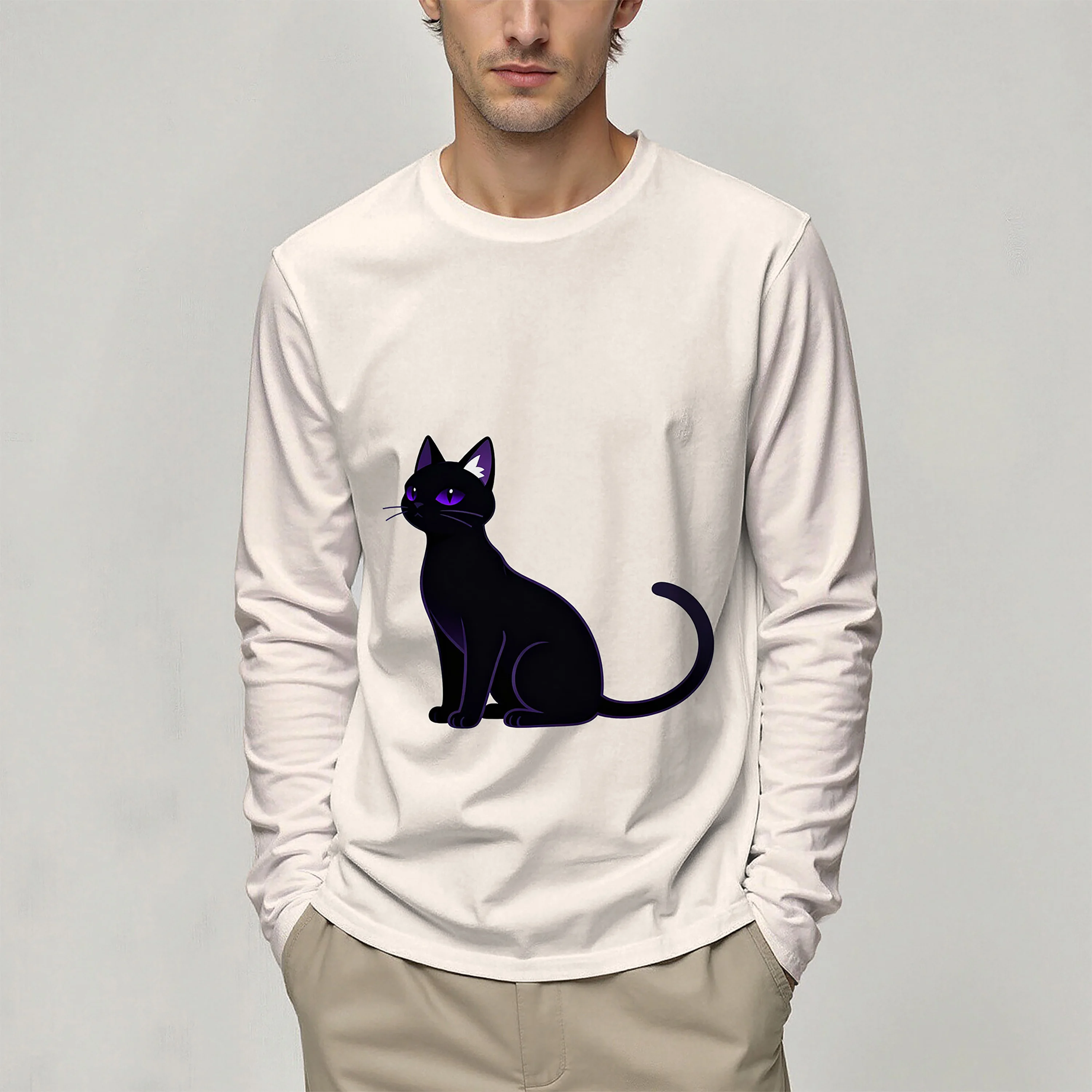 

Fashionable cat printed long sleeved T-shirt for men's spring and autumn best-selling casual, simple and comfortable top