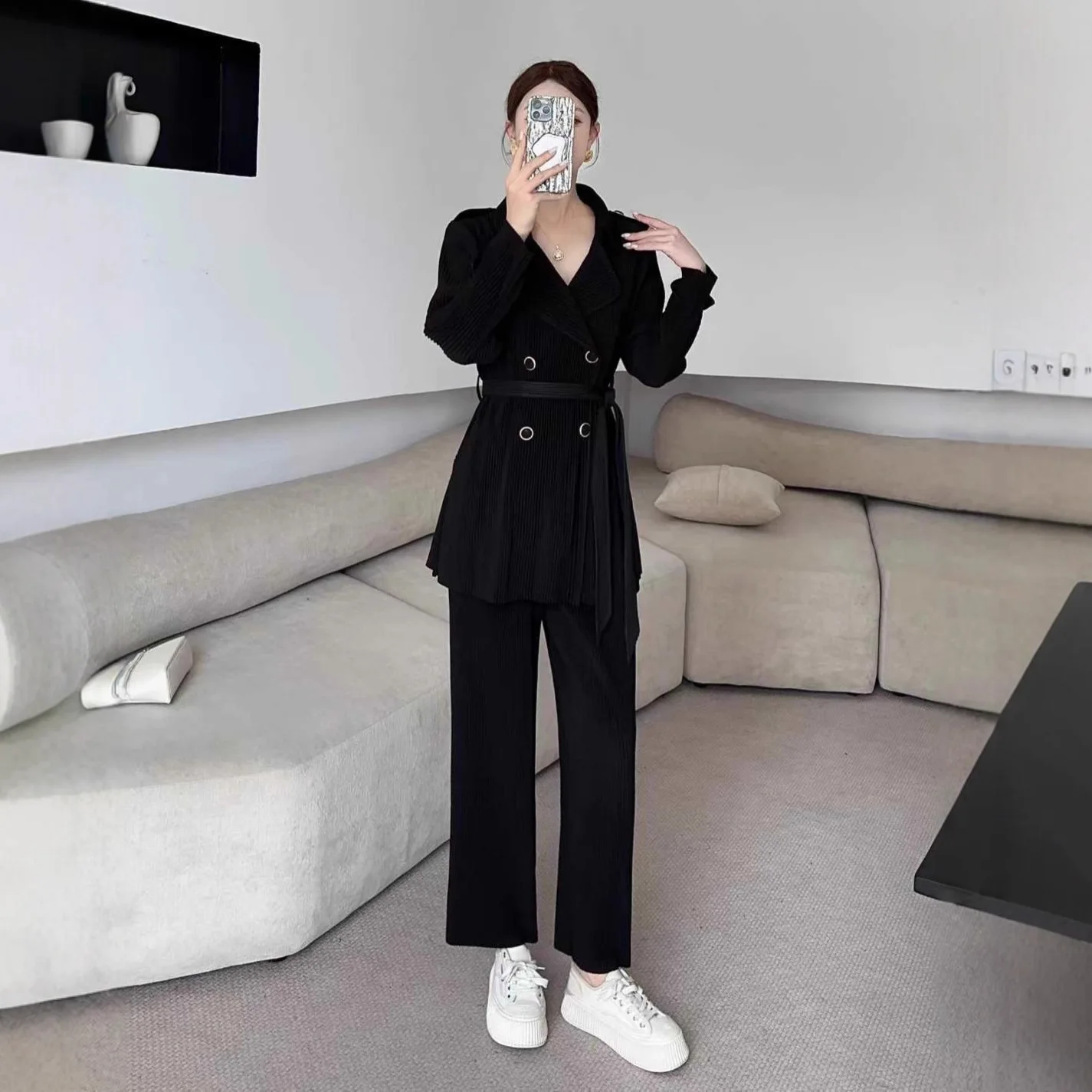 

Miyake Pleated Lace Up Pleated Suit, Women's Doubles Breasted Suit Collar, Simple Two-piece Set, Workplace Outfit, Complete Set