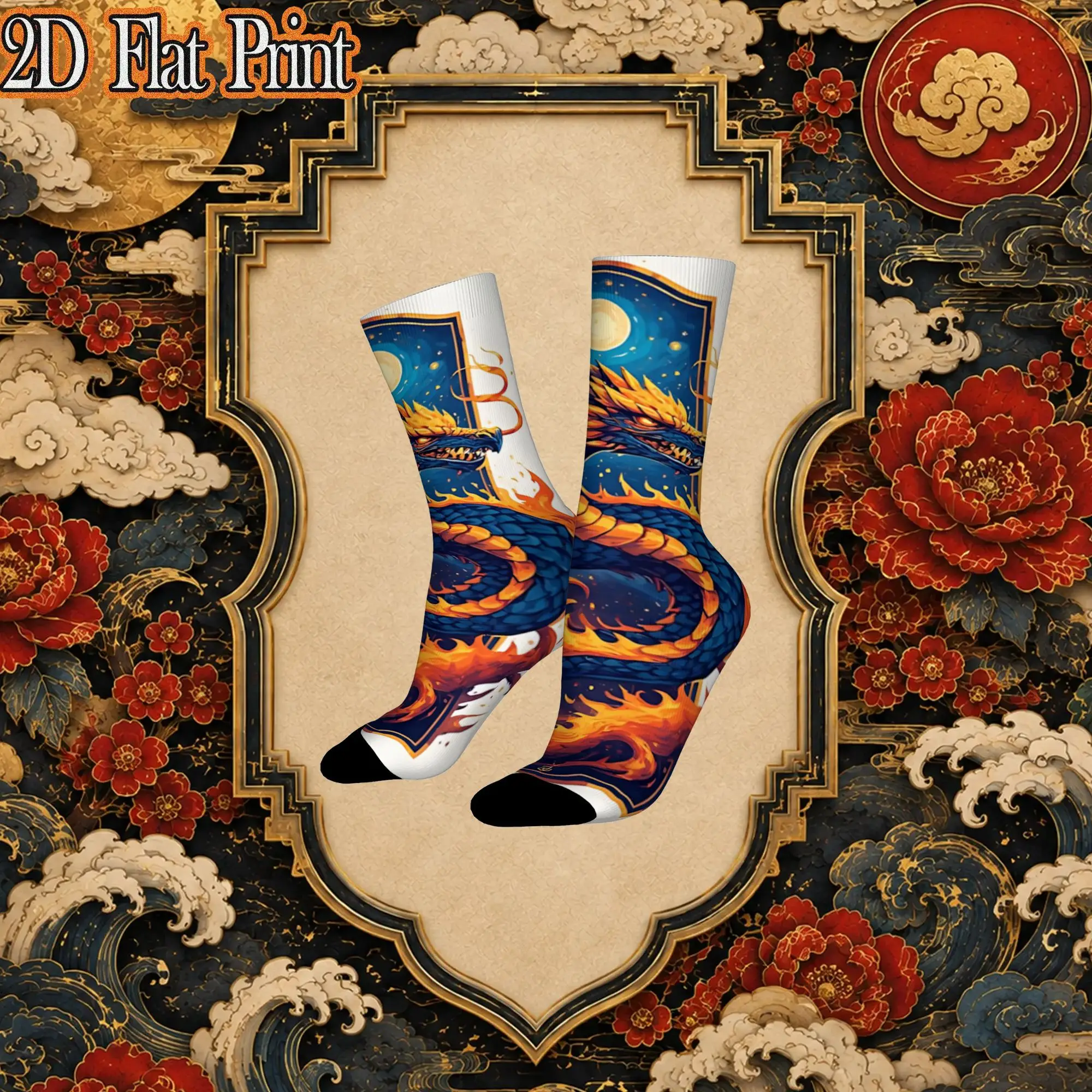 Japanese Vintage Dragon Tattoo Print Retro  Street Style Novelty Casual Crew Creative Sock Sports Socks