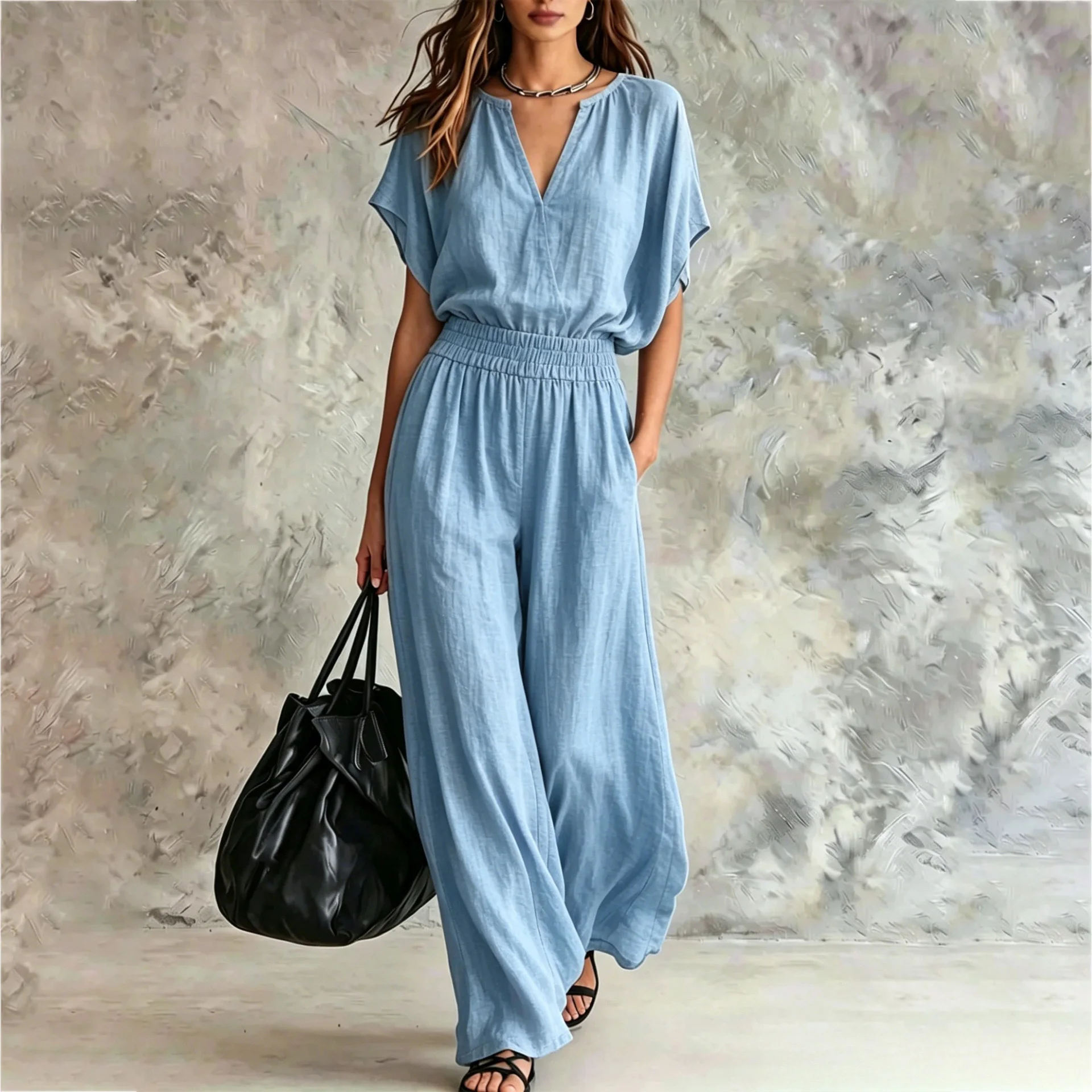 

Women Casual Cotton Linen 2 Piece Outfit Summer Loose V Neck Short Sleeve Top Elastic High Waist Wide Leg Pants Set With Pockets