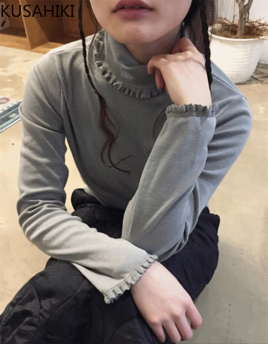 

KUSAHIKI Korean Version Sweet Cute High Neck Lace Stitching Solid Color Base T-shirt Y2k Spicy Girl Top