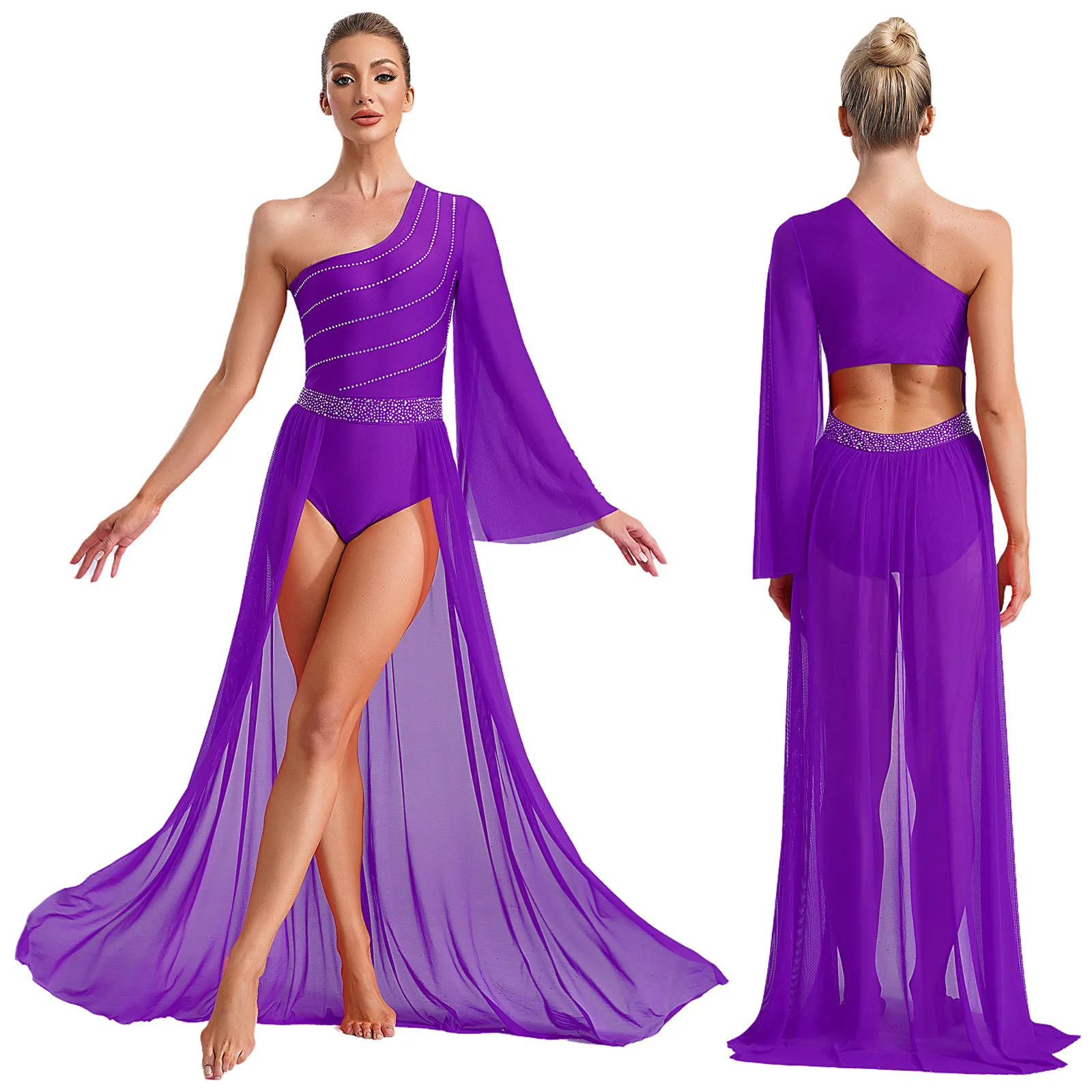 

Womens Ballet Lyrical Dance Dress Modern Performance Competition Prom Party Costume Sheer Mesh Leotard Long Dress Party Dresses
