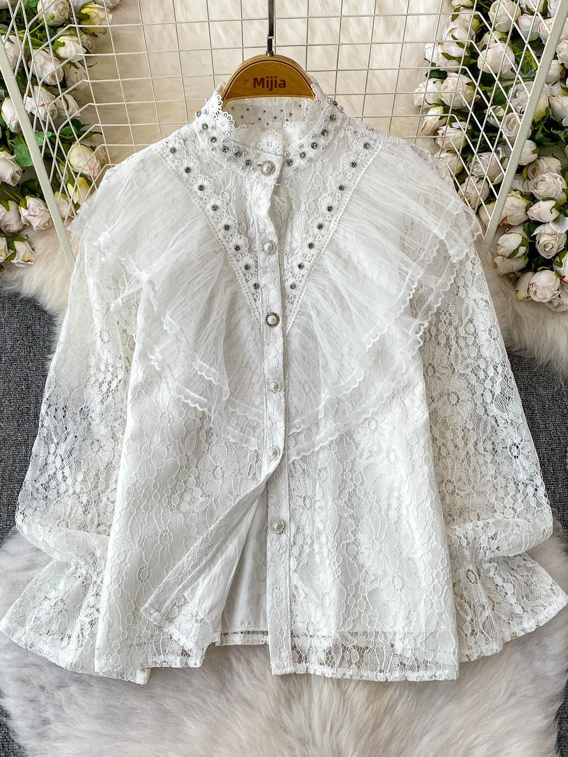 Colletto lungo in pizzo Sve impreziosito pesante da donna irt Summer Court Sle Dimagrante con orlo a balza Top coreano Vestibilità ampia Protezione UV...