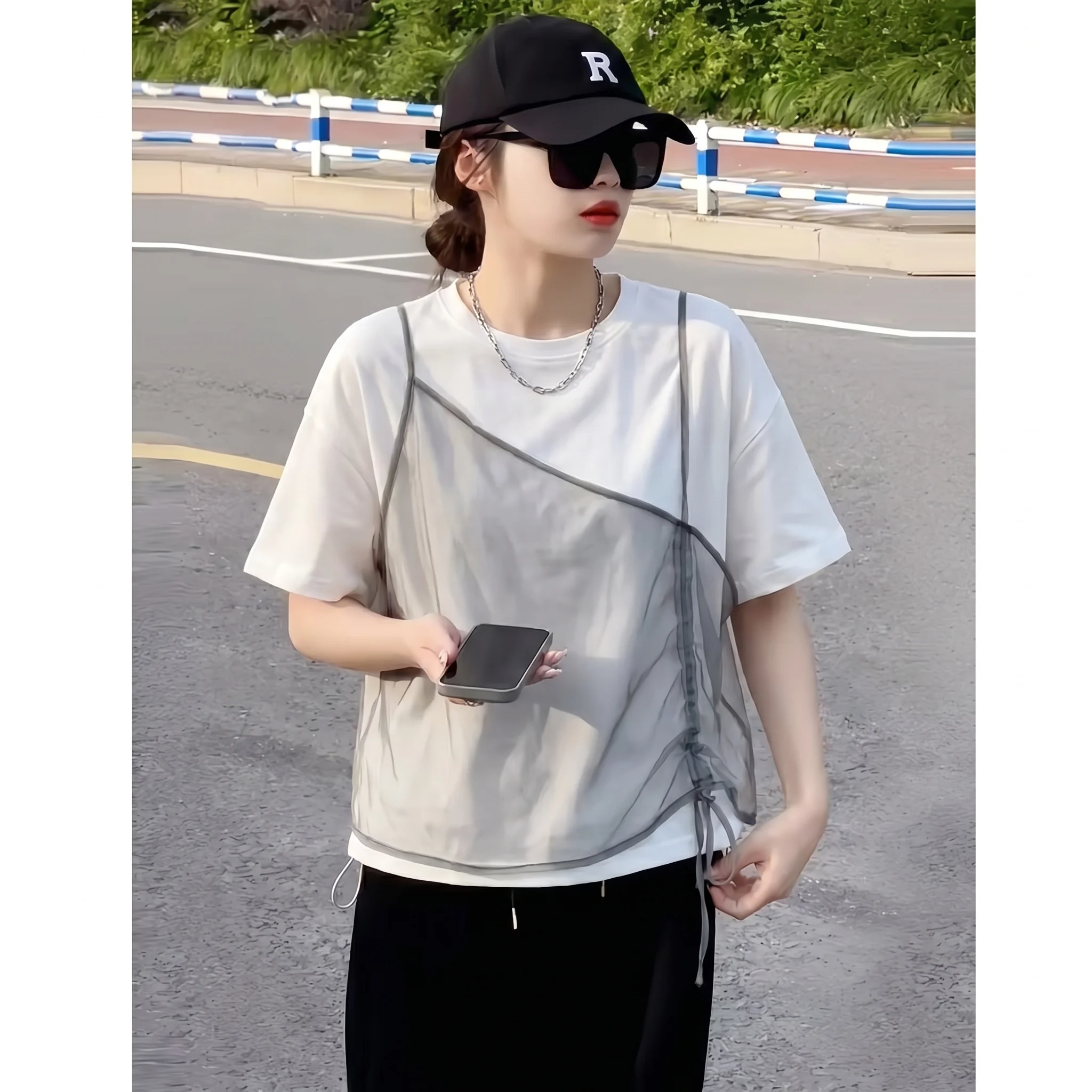 Gray Unique Fake Two-Piece Short Sleeve T-Shirt Women's Loose Summer Top Cleanfit Style Pear Shape Fit Cotton Polyester