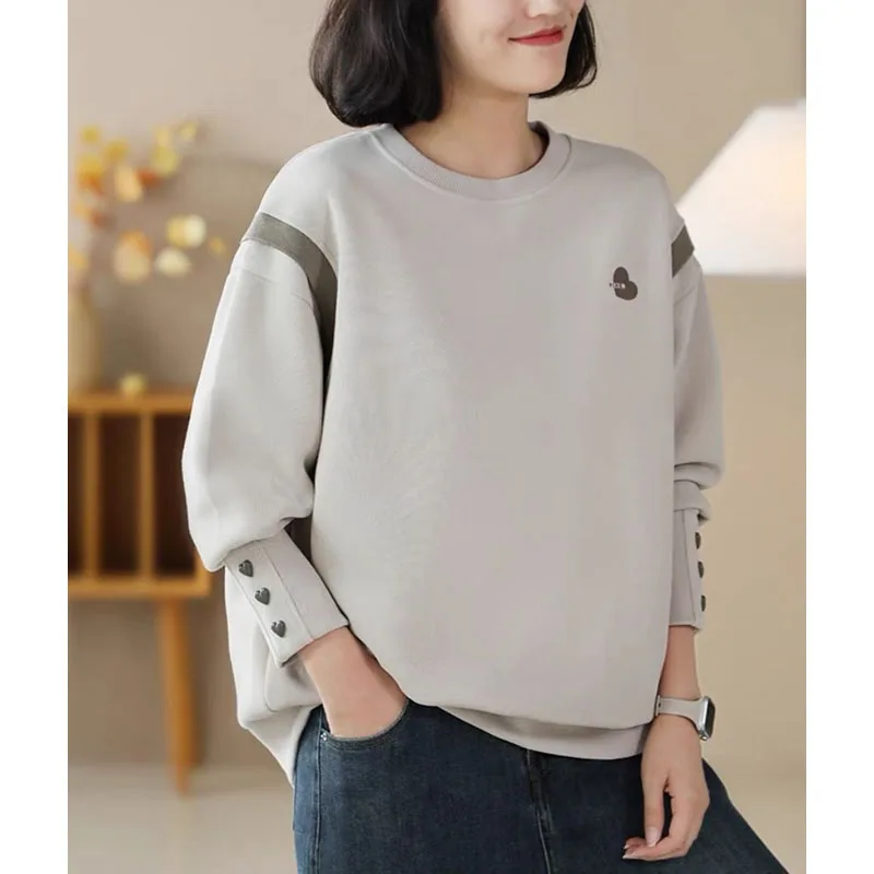 New Autumn Fashion Korean Edition Round Neck Print Fake Two Pieces Loose Versatile Slim Style Long Sleeve Casual Women\'s Sweater