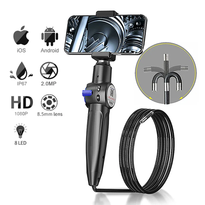 Articulating Borescope 2-Way HD1080P 8.5 mm Len Endoscope Camera with 8 Light Compatible with Android &iOS Phone For Pipe
