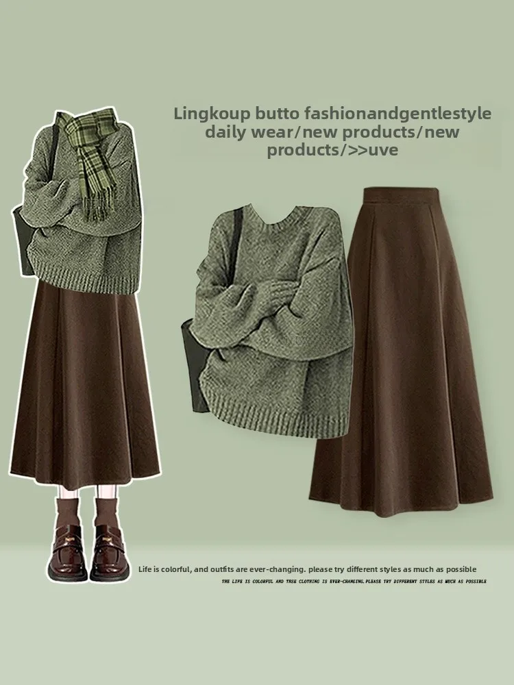 

plus Size Autumn Winter Knitted Sweater And Slimming Skirt Set Women's Korean Sle Faion Ensemble High Waist Long Sve