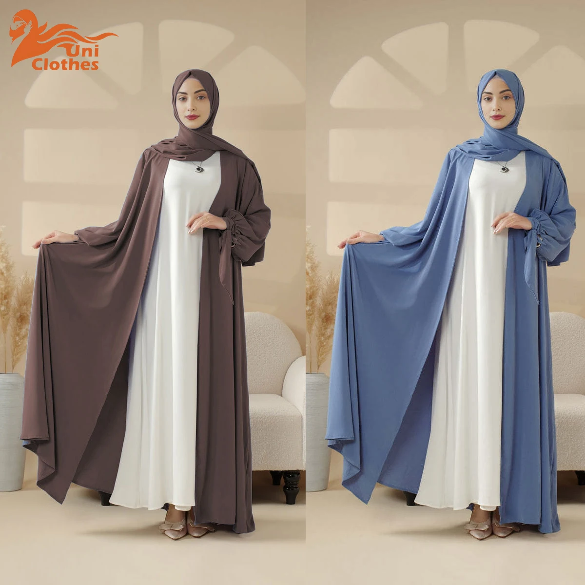 Uni muçulmano cor sólida gravata cintura modesta aberta abaya elegante feminino maxi comprimento vestido roupas islâmicas sem interior sem hjiba