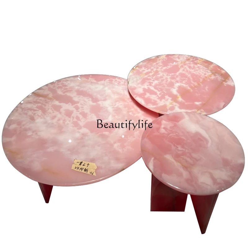 

Imported pink crystal natural marble coffee table, blue crystal corner table