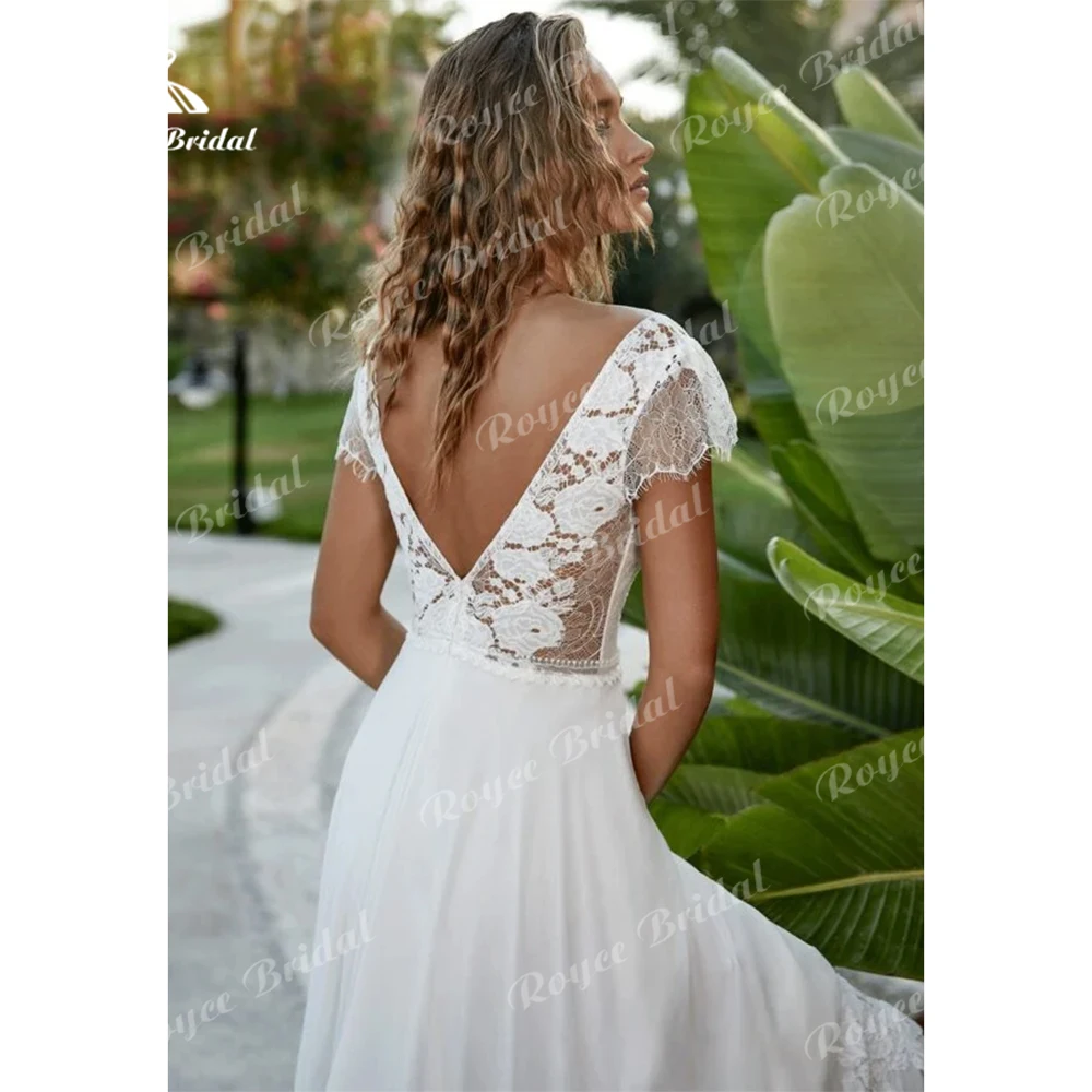 Boho a-line abiti da sposa per le donne abiti da sposa Sexy con scollo a v in pizzo manica senza schienale Lace Up nappa Chiffon Sweep vestidos de