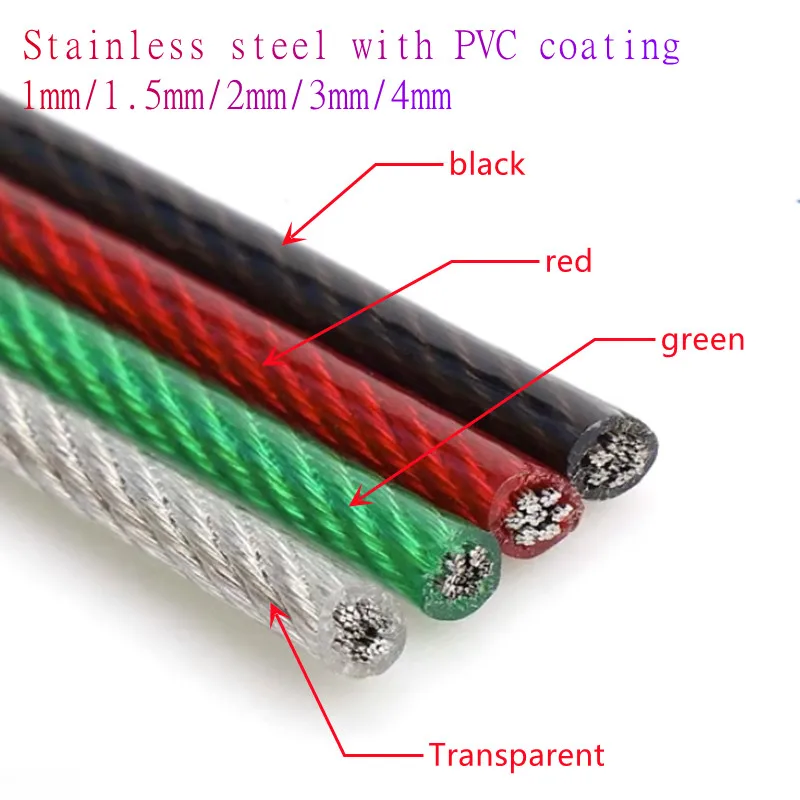 10M to 100M/lot  1mm 1.5mm 2mm 3mm 4mm  Green/Red/Black/Transparent Color PVC Plastic Coated Stainless Steel 304 Wire Rope Cable