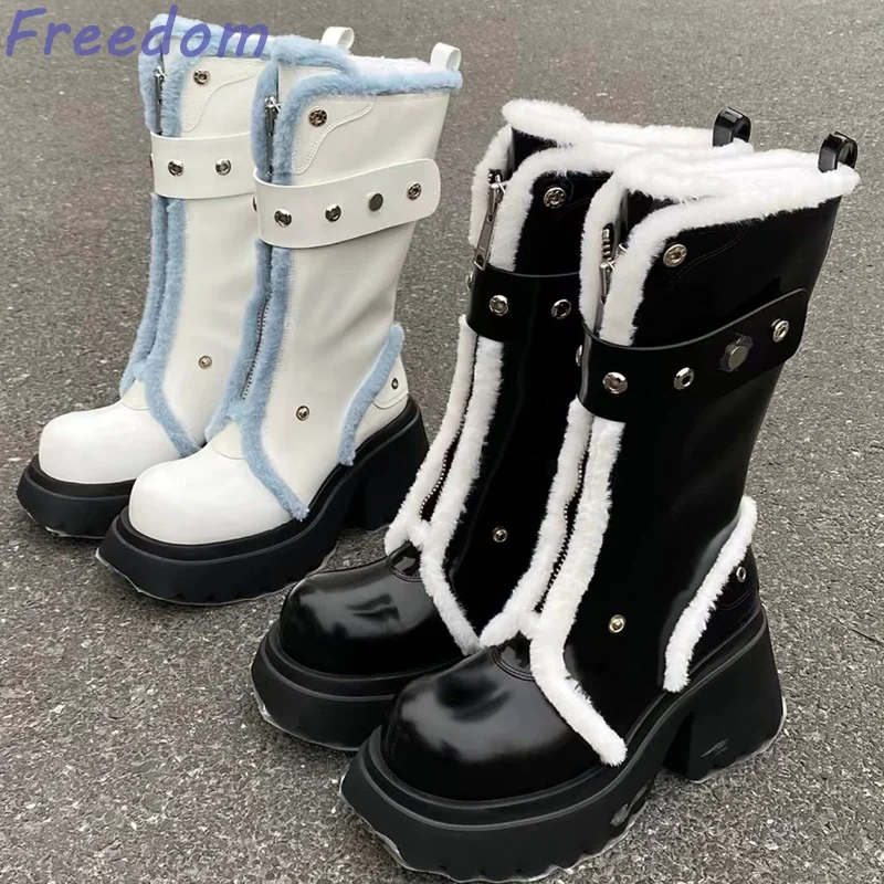 

Warm and comfortable mid-calf boots for women new round toe thick sole thick heel belt buckle, fur splicing, warm snow boots