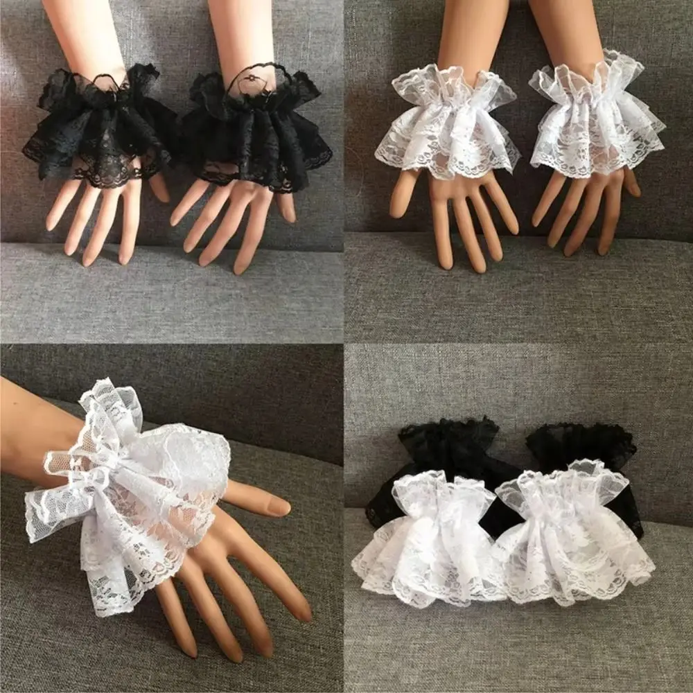 Lolita Hand Sleeve Detachable Sleeves Cuffs Ruffles Solid Color Lace Wrist Cuffs Elastic Floral Fake Sleeves Cuffs