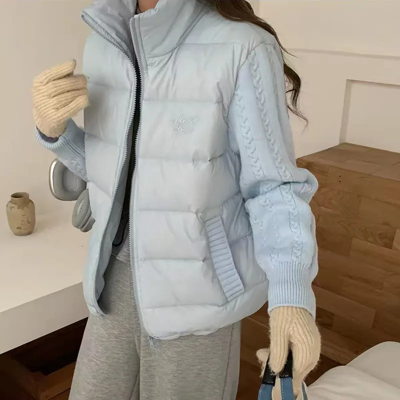 Winter Patchwork Parkas for Women Thick Warm Knitted Sleeve Splicing Puffy Coats Korean Loose Preppy Zipper Down Outwear New