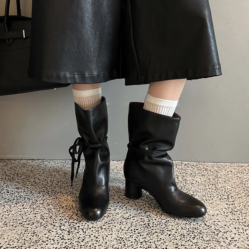 New 2027 Autumn Fashion Cowhide Ankle Strap Modern Boots Round Toe Slip-on Chunky Heels Mid-Calf Boots Large Size Women's Boots