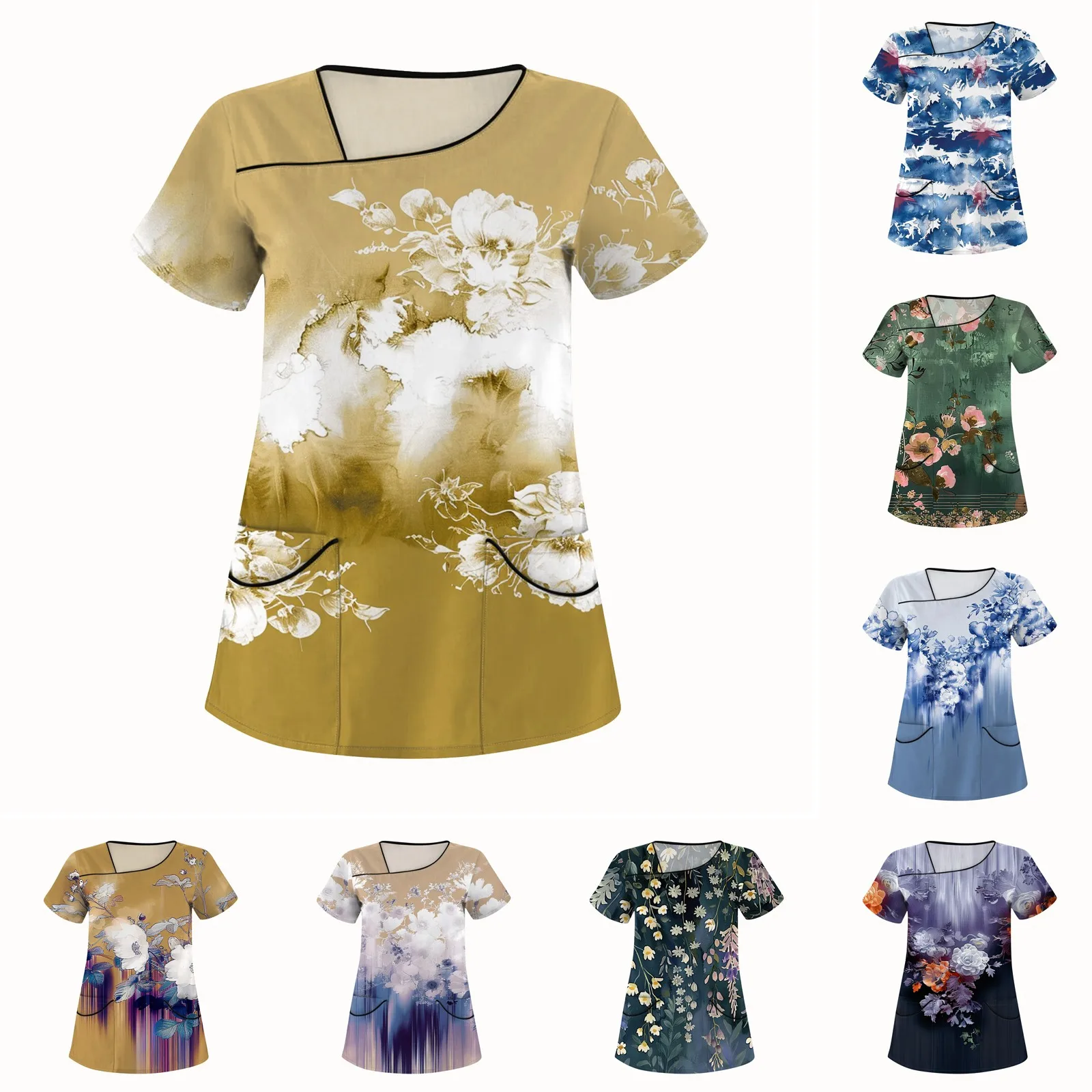 Working with Pockets Clothes for Women Painted Pattern T Shirts for Woman New Arrivals Medical Uniforms Ropa Para Mujer