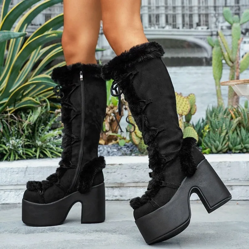 

2025 New Gothic Lolita Platform Boots for Women Winter Warm Furry Knee High Boots Suprt High Heels Suede Plush Long Snow Boots